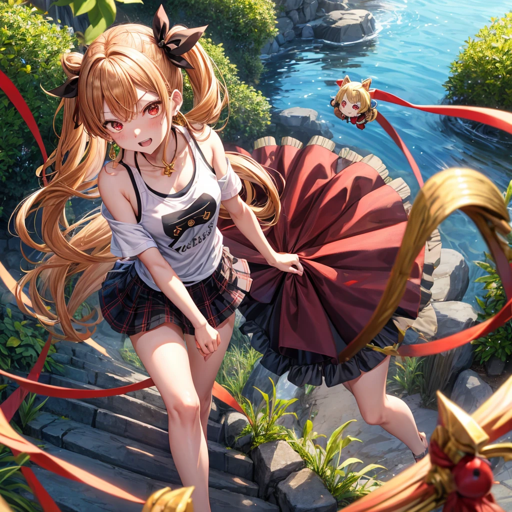 Brown, red, gold, golden hair、red eyes、one good looking girl、solo、anime、plaid mini skirt、black camisole、black t-shirt、hoodie、wearing a ribbon、ribbon at waist、Crystal Earrings、treasure石のネックレス、Light and shadow、Tilting face、teeth are visible、pillar、evil looking face、Kuroko、Diamond dust、grassland、Water running down the stairs、overflowing、Ants are walking、sulking、is increasing、treasure