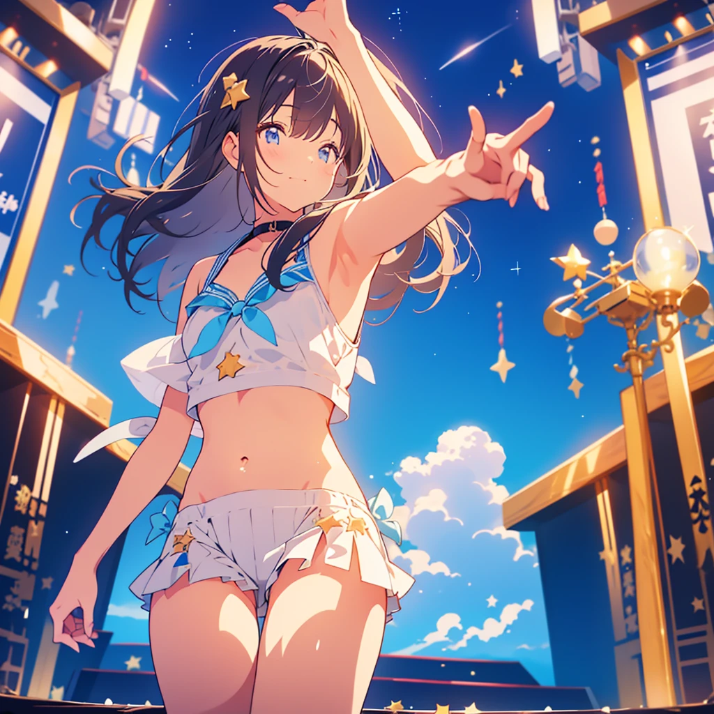 unrealistic、A thick star-shaped board floats in the sky、idol stage、universe、Milky Way、