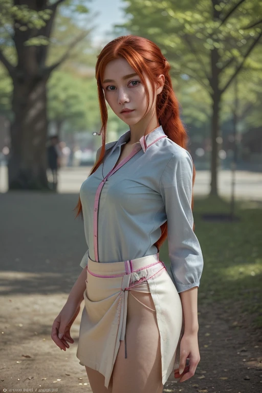 Envision a character that embodies the vibrant spirit of anime, brought to life with an unprecedented level of realism. This is a girl with red hair, each strand rendered with astonishing clarity, reflecting a dance of light and shadow. Her eyes, a deep azure, are windows to a soul, animated with the spark of life, capturing the nuanced expressions unique to anime characters. She stands poised, her attire a harmonious blend of anime culture and realistic textures. The mini skirt she dons is a masterpiece of design, its fabric draping naturally, with creases and folds that tell of its quality and movement. The colors are vivid yet believable, with a palette that complements her overall aesthetic. The image should exude a professional aura, with attention to the minutest details—from the stitching on her clothes to the subtle blush on her cheeks. The background, while secondary, is no less important, providing a context that enhances her presence, be it a bustling cityscape or a tranquil park. Every element of the image is meticulously crafted, resulting in a piece that transcends the boundary between animation and reality, inviting viewers to believe in this fusion of worlds.