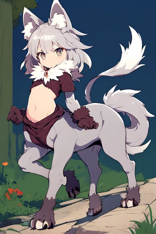 wolf girl、2 Men Arms、Four wolf legs、quadrupedal walking、delicate、delicate face、wolf ears、Silver hair and fur、flat chest、exposure of the abdomen、sharp eyes、Super high quality