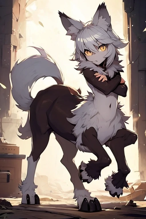 wolf girl、2 Men Arms、Four wolf legs、quadrupedal walking、delicate、delicate face、wolf ears、Silver hair and fur、flat chest、exposure of the abdomen、sharp eyes、Super high quality