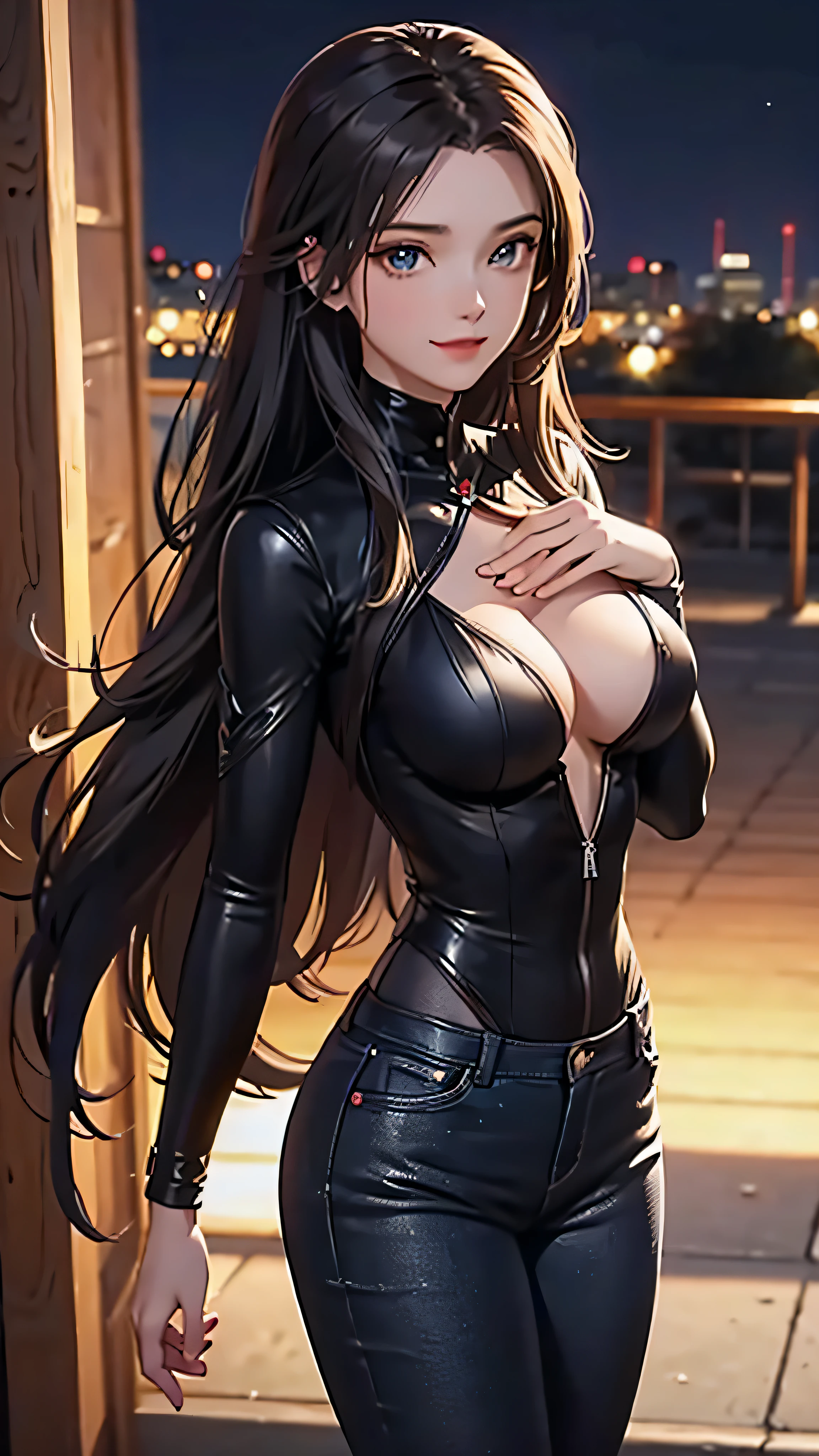 High detailed, 1woman, (4k), smile, long hair red, in body black suit, out body green crop suit, blue jeans pant suit, in night town,