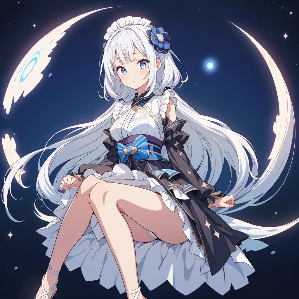 (masterpiece, best quality), 1girl, sitting on the crescent moon、1girl、vtuber-fullbody、Star Fairy、「A beautifully printed galaxy patterned kimono and gothic ta outfit.、Space pattern box pleated mini skirt with ruffles、Front full body portrait、enchanting eyes、Perfect and stunning face、exquisite details、clear image、highest quality。」Milky white and light blue gradient straight long hair、