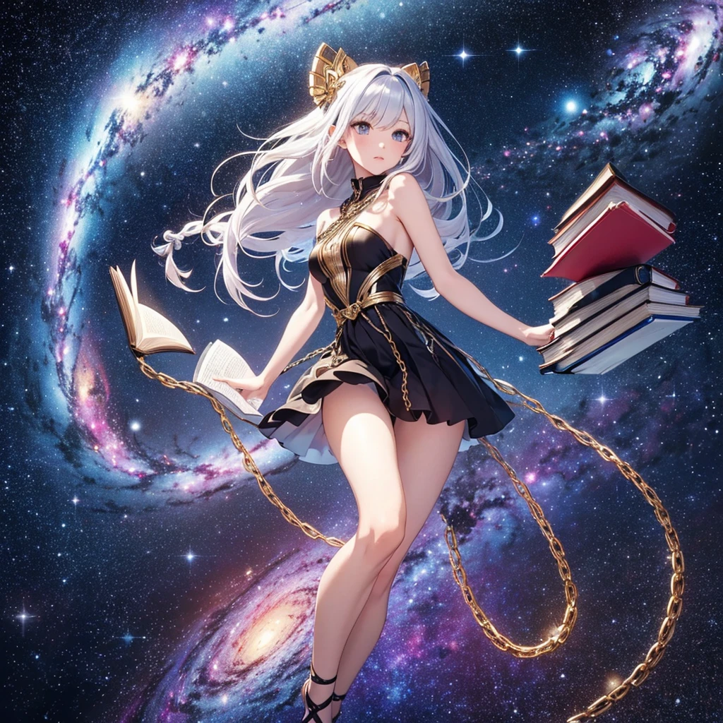 Andromeda、personification、(Beautiful silver hair long left and right2Adult woman with hairstyle modeled in braids in a book):1.3、((2Armed with a book chain)):1.8、(Beautiful spiral galaxy of the Andromeda Nebula shines in the night sky):1.9、masterpiece、realisitic、RAW