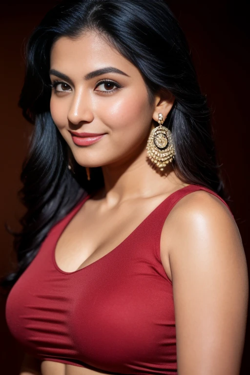  Portrait of A confident-looking indian  woman with black  hairs, dark eyes,light brown complexion, perfect composition, hyperrealistic, super detailed, 8k, high quality, , sharp focus, , intricate details, highly detailed, medium , smiling , red top tank, sweat on body, deep cleavege, athletic body