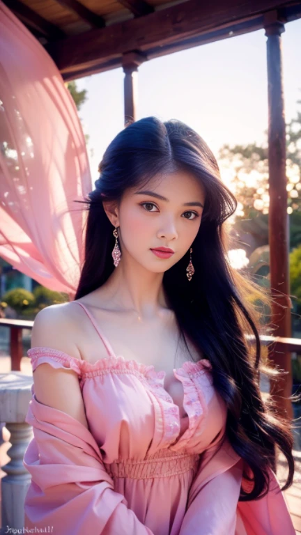 (best quality,4k,8k,highres,masterpiece:1.2),ultra-detailed,(realistic,photorealistic,photo-realistic:1.37),Gypsy dress,small breasts,beautiful detailed eyes,beautiful detailed lips,extremely detailed eyes and face,long eyelashes,wavy hair flowing,undulating curves,subtle makeup,luminous skin,slender figure,graceful posture,colorful floral background,colorful ribbons,ethereal atmosphere,gentle sunlight,playful expression,elegant movements,romantic ambiance,soft breeze,harmonious composition,elegantly dangling earrings,vibrant colors,pastel palette,delicate ornaments,bokeh lighting