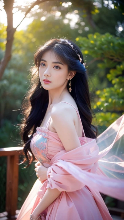 (best quality,4k,8k,highres,masterpiece:1.2),ultra-detailed,(realistic,photorealistic,photo-realistic:1.37),Gypsy dress,small breasts,beautiful detailed eyes,beautiful detailed lips,extremely detailed eyes and face,long eyelashes,wavy hair flowing,undulating curves,subtle makeup,luminous skin,slender figure,graceful posture,colorful floral background,colorful ribbons,ethereal atmosphere,gentle sunlight,playful expression,elegant movements,romantic ambiance,soft breeze,harmonious composition,elegantly dangling earrings,vibrant colors,pastel palette,delicate ornaments,bokeh lighting