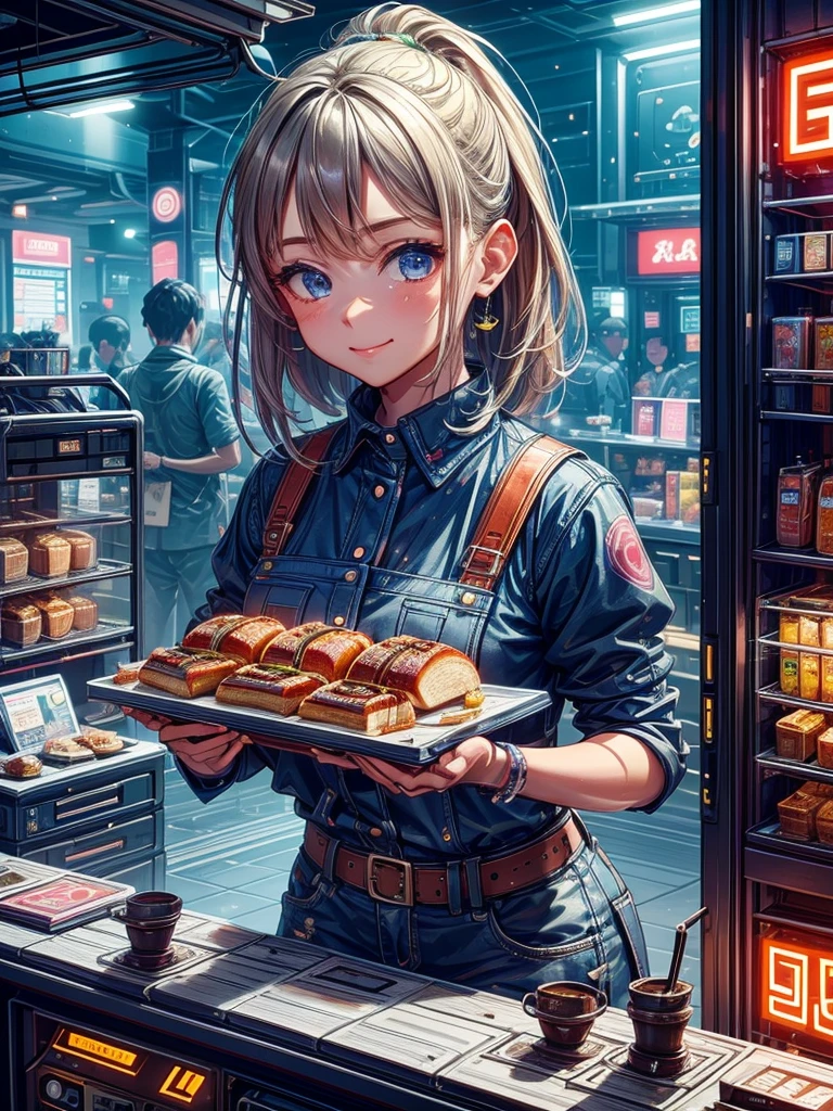 A girl selling breakfast, future, fast food stall, 製作Sandwiches, LED light, Colored LEDs, Sandwiches, drinks, Menus,  Breakfast 5 euros, cute girl, ((extremely detailed face)),