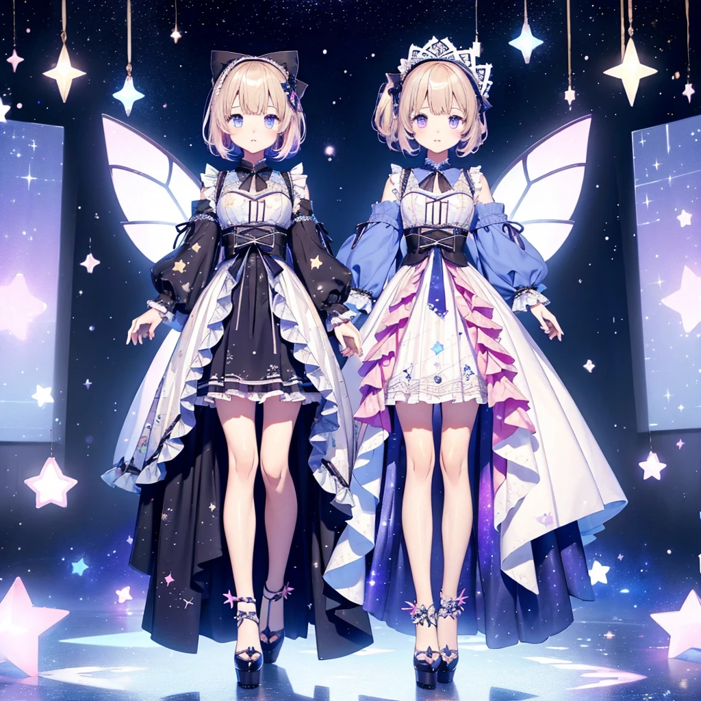 1girl、vtuber-fullbody、Star Fairy、「A beautifully printed galaxy patterned kimono and gothic lolita outfit.、Space pattern box pleated mini skirt with ruffles、Front full body portrait、enchanting eyes、Perfect and stunning face、exquisite details、clear image、highest quality。」short hair、