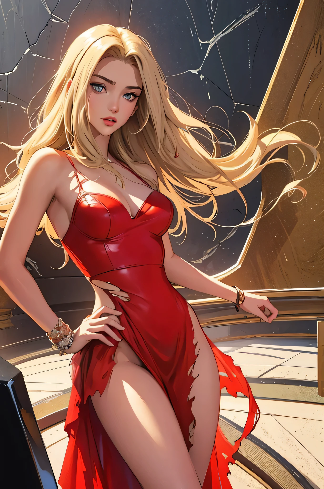 (masterpiece, top quality, best quality, official art, beautiful and aesthetic:1.2), young (1girl:1.3), (wearing torn red dress:1.3), (blonde:1.3) hair, long hair, (colorful eyes:1.3), extremely detailed, colorful, (highly detailed CG illustration), (looking at viewer), cinematic light, solo, half body, (character focus), ),Cath, extravagant makeup, full lips, sexy pose, clothes ASIDE , used condoms, partially naked, shiny skin, red lingerie