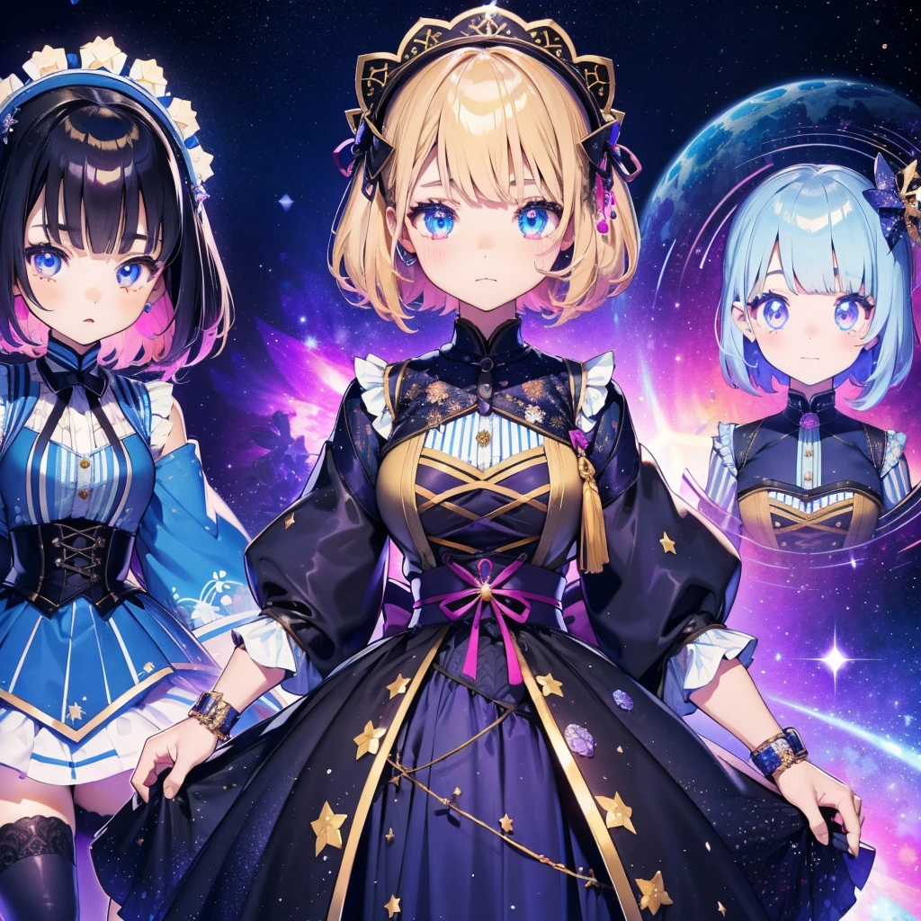 1girl、vtuber-fullbody、Star Fairy、「A beautifully printed galaxy patterned kimono and gothic lolita outfit.、Space pattern box pleated mini skirt with ruffles、Front full body portrait、enchanting eyes、Perfect and stunning face、exquisite details、clear image、highest quality。」short hair、