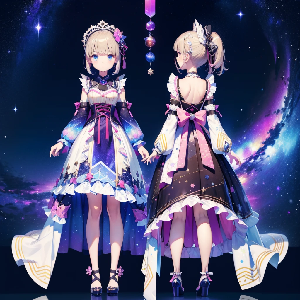 1girl、vtuber-fullbody、Star Fairy、「A beautifully printed galaxy patterned kimono and gothic lolita outfit.、Space pattern box pleated mini skirt with ruffles、Front full body portrait、enchanting eyes、Perfect and stunning face、exquisite details、clear image、highest quality。」short hair、