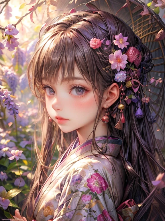 In a garden covered with a canopy of wisteria, a cute girl in a kimono stands gracefully. (best quality:1.8,4k,8k,highres,masterpiece:1.2),ultra-detailed:1.2,(realistic,photorealistic,photo-realistic:1.37) Medium:illustration [Traditional Japanese Art] captures the essence of the scene. The girl has charming almond-shaped eyes, delicate lips, and a serene expression. Her kimono is intricately designed with vibrant colors and floral patterns, reflecting the rich cultural heritage. The garden is filled with blooming wisteria vines, their purple and pink hues creating a dreamy atmosphere. Rays of soft sunlight filter through the foliage, casting enchanting shadows on the ground. The sound of chirping birds and the fragrance of blossoms fill the air, adding to the tranquility of the scene.