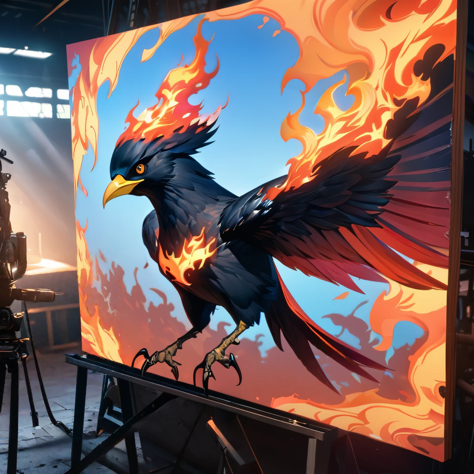 (highest quality,8K,High resolution, masterpiece:1.2), Super detailed, HDR, UHD, studio lighting, Ultra-fine painting, sharp focus, Physically based rendering, extreme details, Professional, Bright colors, concept artist, Warm color palette, dramatic lighting, Wall of Flame、(Flying crow shaped flame),Vivid blue sky、(anime style),