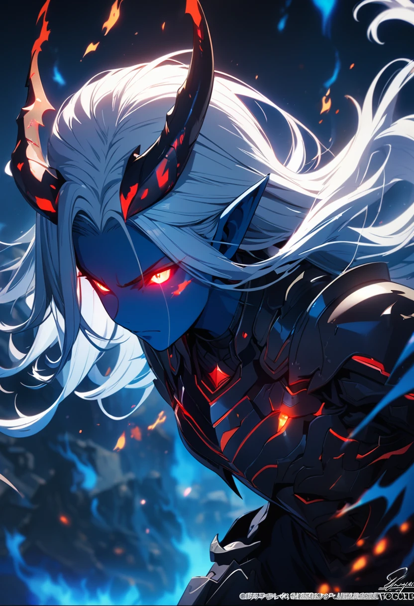 FF,(masterpiece:1.2),best quality,highres,extremely detailed CG,perfect lighting,8k wallpaper,anime,comic,game CG,solo,horns,long hair,white hair,colored skin,red eyes,glowing,blue skin,pointy ears,floating hair,1boy,armor,male focus,fire,signature,glowing eyes,artist name,gloves,blue theme,black gloves,1girl,closed mouth,torn clothes,