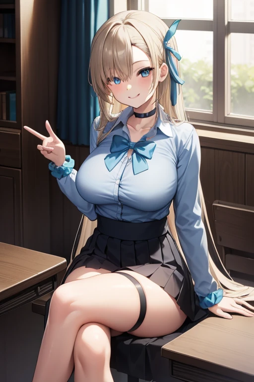 Asuna Ichinose, Asuna Ichinose, blonde hair, blue eyes, hair ribbon, hair ornaments, hair above one eye, Hello, long hair, mole, mole on breast, large breasts, mechanical Hello,
break bow, choker, clavicle, dress shirt, hair Scrunchie, miniskirt, , Scrunchie, shirt, skirt, looking at viewer, smiling, sitting, crossed legs,
break classroom, full body,
break (masterpiece:1.2), highest quality, High resolution, unity 8k wallpaper, (figure:0.8), (beautiful and fine eyes:1.6), highly detailed face, perfect lighting, Very detailed CG, (perfect hands, perfect anatomy),