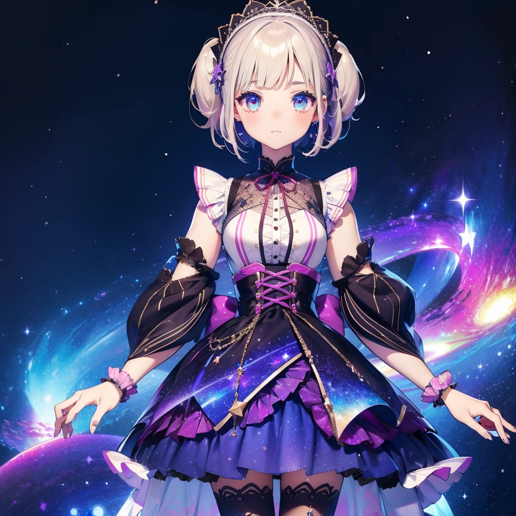 1girl、vtuber-fullbody、Star Fairy、「A beautifully printed galaxy patterned kimono and gothic lolita outfit.、Space pattern box pleated mini skirt with ruffles、Front full body portrait、enchanting eyes、Perfect and stunning face、exquisite details、clear image、highest quality。」short hair、