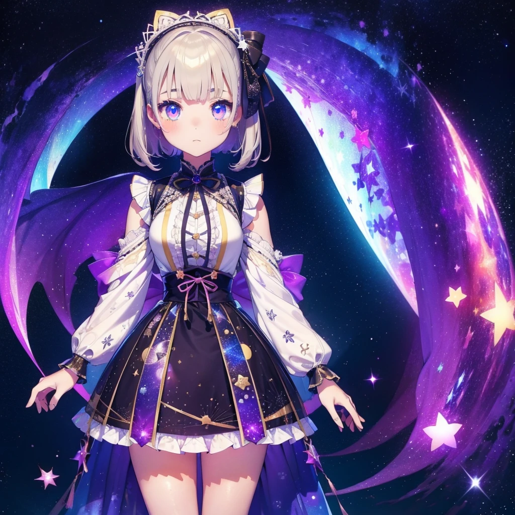 1girl、vtuber-fullbody、Star Fairy、「A beautifully printed galaxy patterned kimono and gothic lolita outfit.、Space pattern box pleated mini skirt with ruffles、Front full body portrait、enchanting eyes、Perfect and stunning face、exquisite details、clear image、highest quality。」short hair、