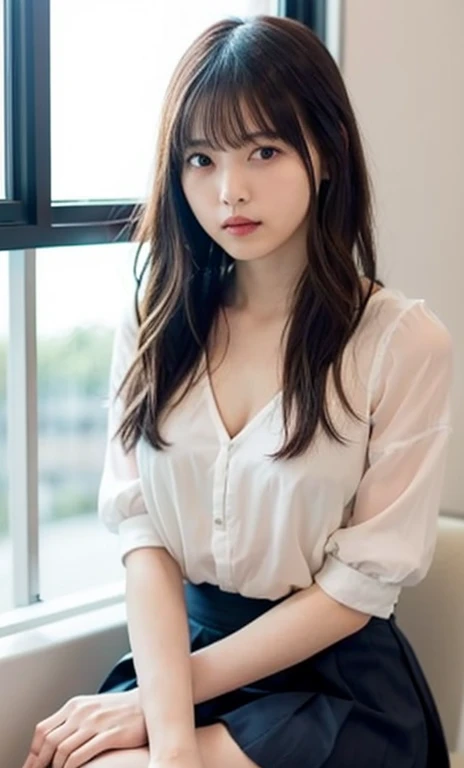 masterpiece、highest quality、16K、High resolution、UHD,Depth of the bounds written、very detailed、soft light、professional lighting、Pale shading、Weak contrast、Japanese、beautiful girl、Slender woman、daytime office、Window seat、sitting in front of the computer、A tight pastel colored see-through blouse that clings to the breasts、No sleeve、navy pleated skirt、micro mooth and beautiful thighs:1.6)、(small breast:1.0)、Faint cleavage、fine and beautiful eyes、(hanging eyes)、(thin eyebrows)、(thin lips)、gentle smile、(long wavy hair、high ponytail),(The bangs are see-through bangs)、