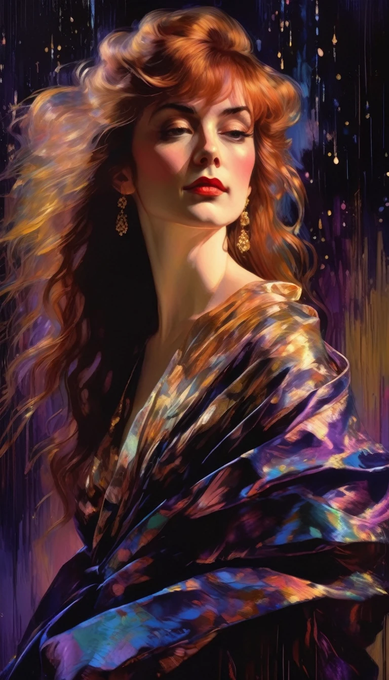 chiaroscuro technique on sensual illustration of an elegant queen (((long hair with bangs:1.4、Beautiful bangs) , vintage ,black silky dress, matte painting, by John Singer Sargent, by Harumi Hironaka, abstract background, (upper body:1.5), Rainbow rain, highly detailed, digital artwork, high contrast, dramatic, refined, tonal, an intimate, seductive studio setting with a focus on sensuality and romance. Utilize soft, warm lighting that bathes the space in a gentle, inviting glow. Incorporate luxurious fabrics, plush furnishings, and a touch of decadence to evoke an opulent ambiance. The scene should exude an air of serenity and anticipation, inviting the viewer into a sensual and romantic space