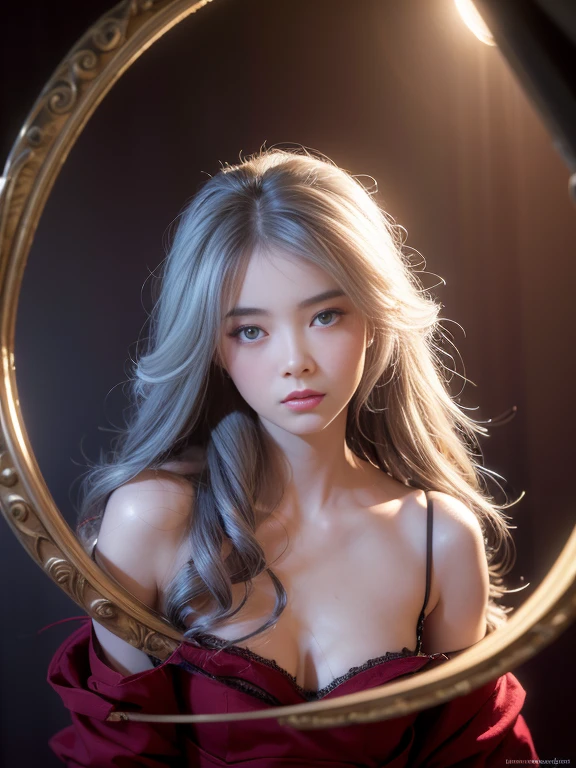 High quality, Masterpiece, Masterpiece, Exquisite facial features, Exquisite Hair, Elaborate Eyes, Off-bshoulders，Delicate colored hair, 4K quality, Gorgeous light and shadow, Tyndall effect, Halo, Messy hair, Young state, Gorgeous scenes, Beautifully dressed, feater,Ancient Chinese beauty with big eyes，detail-rich, Digital painting, art  stations, concept-art, Sharp focus, illustration, Small breasts