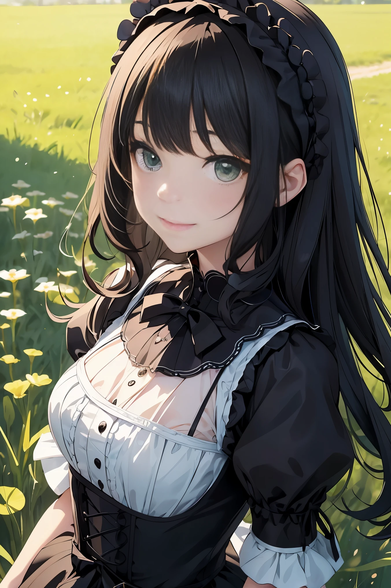 top-quality、​8K Masterpiece、Draw the face in detail、1 ish girl、Gothic Lolita costume、kawaii pose、professional lighting、Happy expression、Shiny black hair、perfect anatomy、In a green meadow