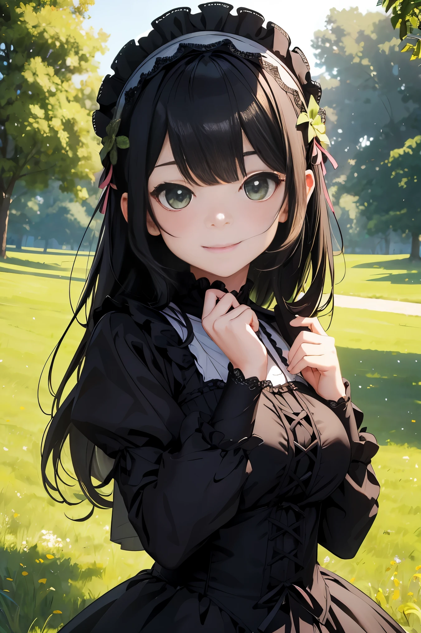 top-quality、​8K Masterpiece、Draw the face in detail、1 childish girl、Gothic Lolita costume、kawaii pose、professional lighting、Happy expression、Shiny black hair、perfect anatomy、In a green meadow