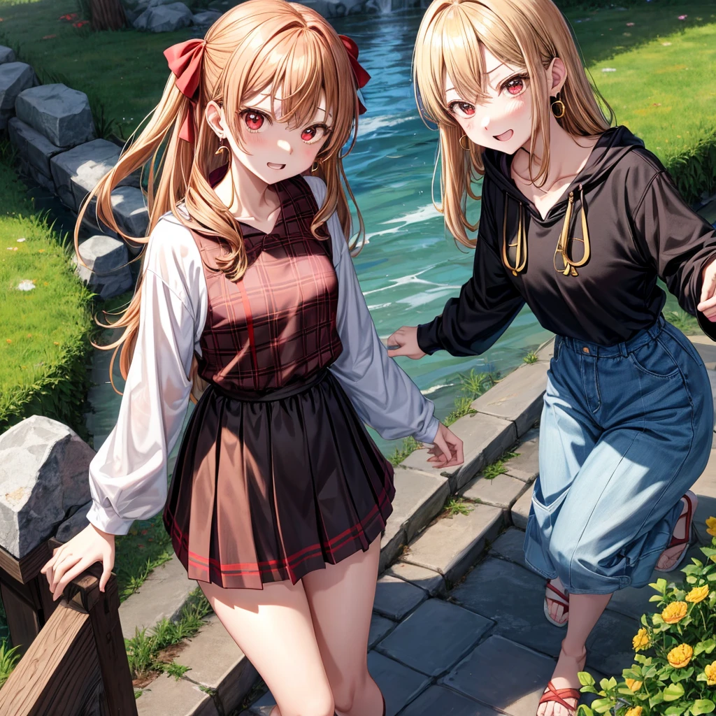 Brown, red, gold, golden hair、red eyes、one good looking girl、solo、anime、plaid mini skirt、black camisole、black t-shirt、hoodie、wearing a ribbon、ribbon at waist、Crystal Earrings、treasure石のネックレス、Light and shadow、Tilting face、teeth are visible、pillar、evil looking face、Kuroko、Diamond dust、grassland、Water running down the stairs、overflowing、Ants are walking、sulking、is increasing、treasure