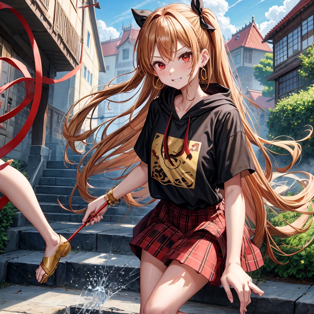Brown, red, gold, golden hair、red eyes、one good looking girl、solo、anime、plaid mini skirt、black camisole、black t-shirt、hoodie、wearing a ribbon、ribbon at waist、Crystal Earrings、treasure石のネックレス、Light and shadow、Tilting face、teeth are visible、pillar、evil looking face、Kuroko、Diamond dust、grassland、Water running down the stairs、overflowing、Ants are walking、sulking、is increasing、treasure