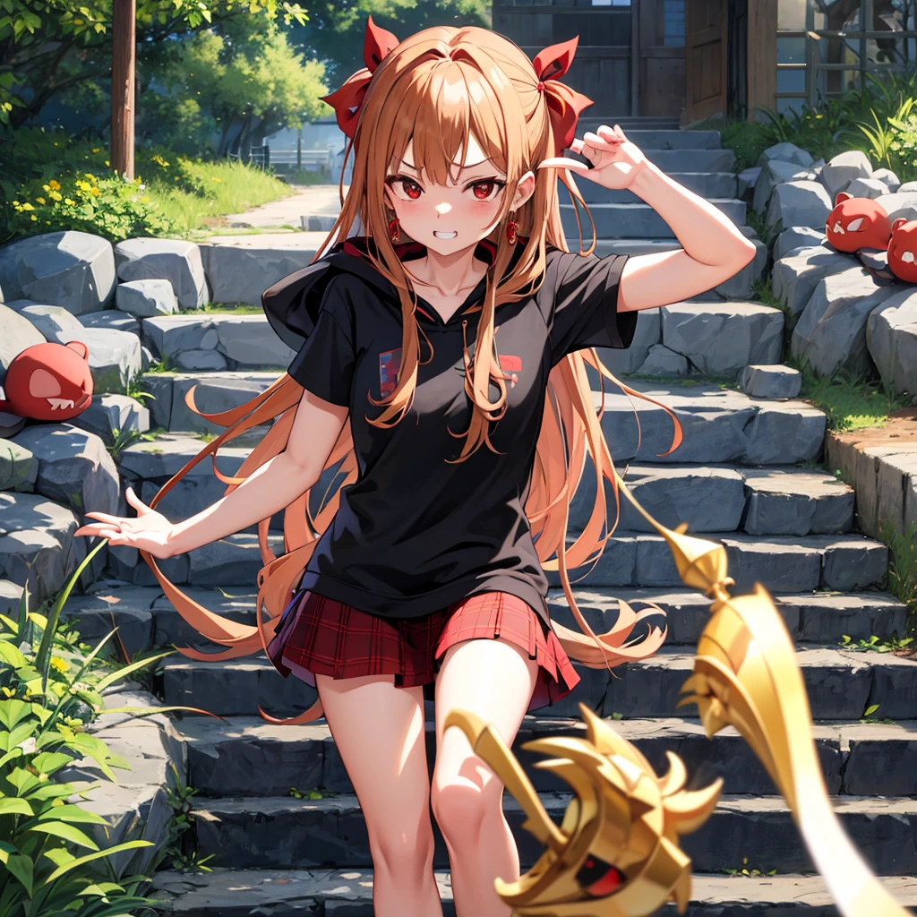 Brown, red, gold, golden hair、red eyes、one good looking girl、solo、anime、plaid mini skirt、black camisole、black t-shirt、hoodie、wearing a ribbon、ribbon at waist、Crystal Earrings、treasure石のネックレス、Light and shadow、Tilting face、teeth are visible、pillar、evil looking face、Kuroko、Diamond dust、grassland、Water running down the stairs、overflowing、Ants are walking、sulking、is increasing、treasure