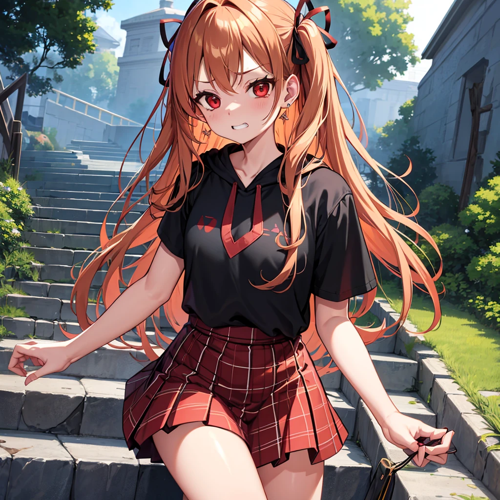Brown, red, gold, golden hair、red eyes、one good looking girl、solo、anime、plaid mini skirt、black camisole、black t-shirt、hoodie、wearing a ribbon、ribbon at waist、Crystal Earrings、treasure石のネックレス、Light and shadow、Tilting face、teeth are visible、pillar、evil looking face、Kuroko、Diamond dust、grassland、Water running down the stairs、overflowing、Ants are walking、sulking、is increasing、treasure
