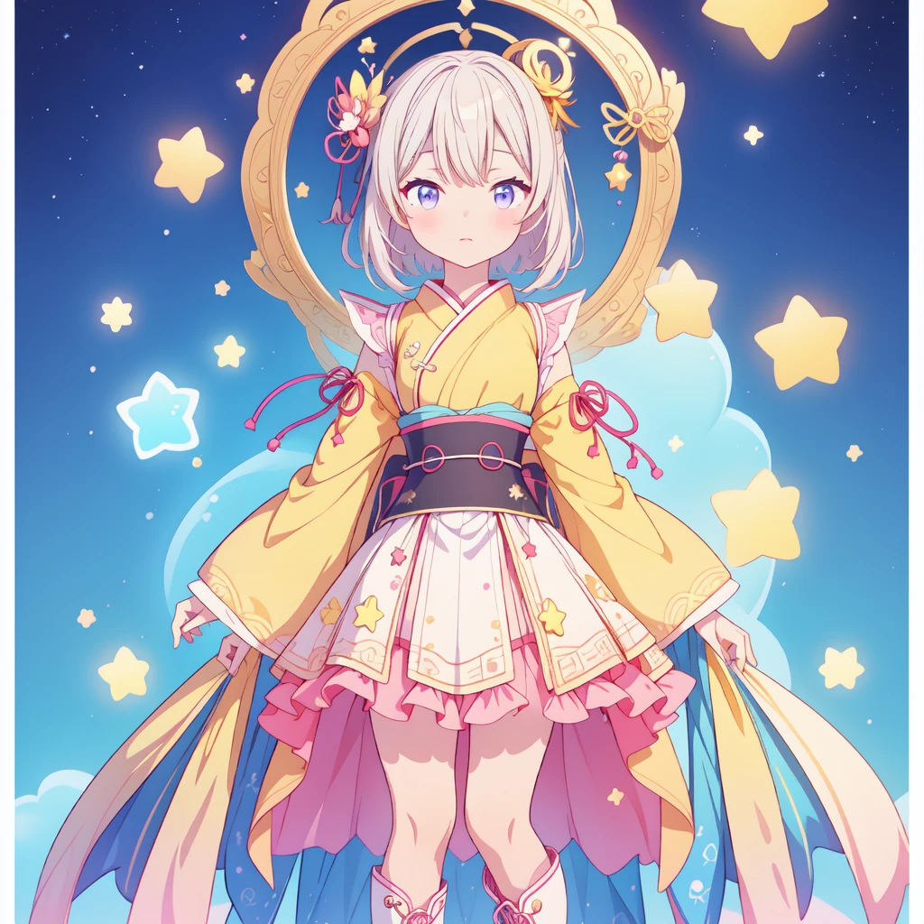 1girl、vtuber-fullbody、Star Fairy、masterpiece、official art、Super detailed、super beautiful、かわいいStar Fairy、white straight short hair、Milky Way、universe、star charm、star、baby face、Knee-high boots、Japanese pattern dress、A beautiful girl wearing black and white clothes that are a remake of a yukata.、universeを思わせるOiranフリルドレス、Oiran