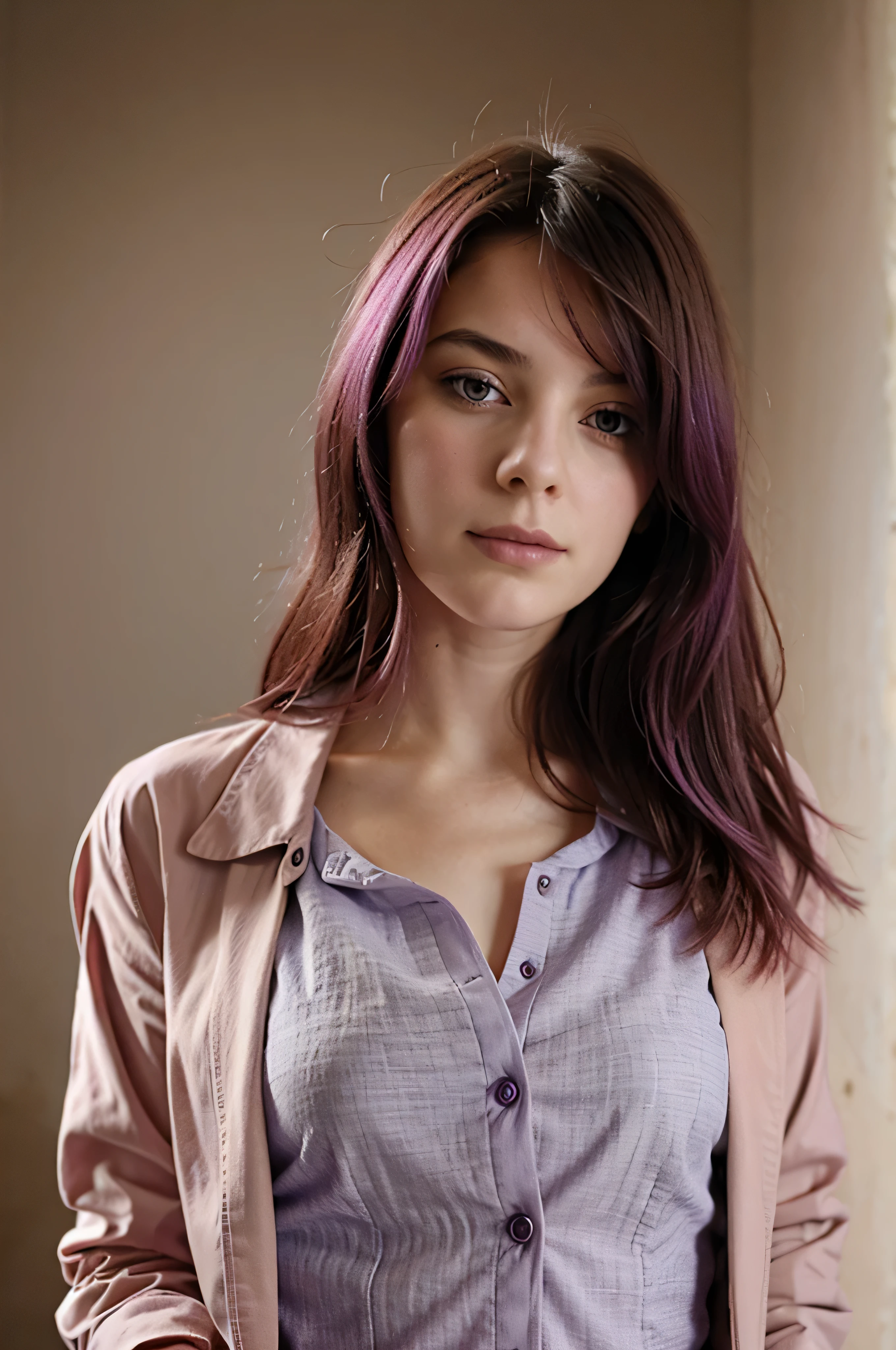 jeune fille de 20 ans au cheveux tres long violet/rose, avec une veste rouge