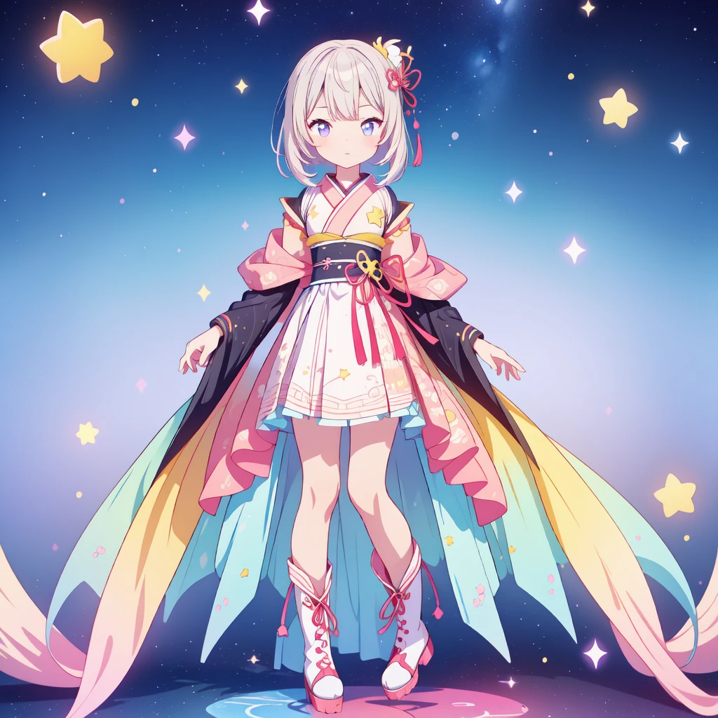 1girl、vtuber-fullbody、Star Fairy、masterpiece、official art、Super detailed、super beautiful、かわいいStar Fairy、white straight short hair、Milky Way、universe、star charm、star、baby face、Knee-high boots、Japanese pattern dress、A beautiful girl wearing black and white clothes that are a remake of a yukata.、universeを思わせるOiranフリルドレス、Oiran