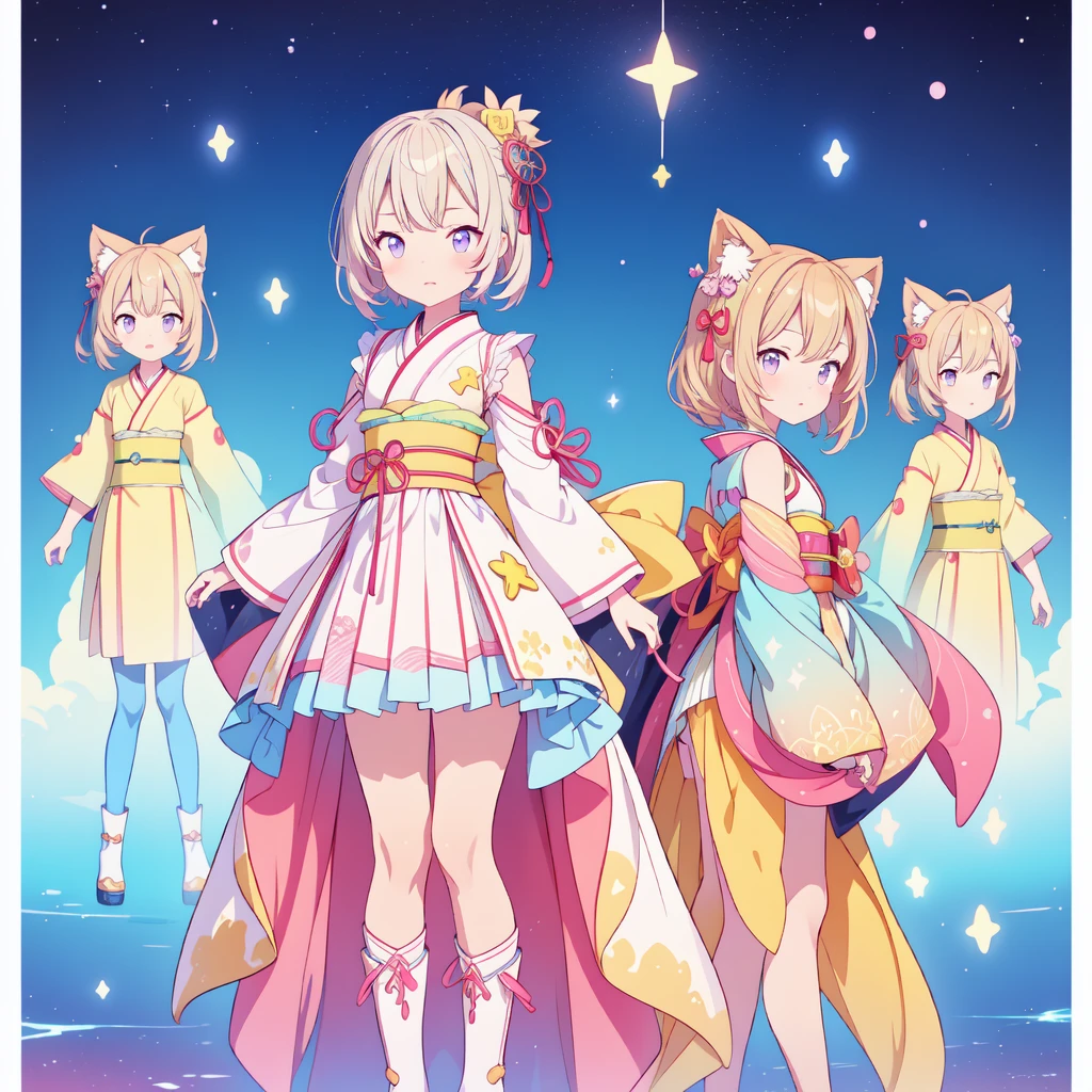 1girl、vtuber-fullbody、Star Fairy、masterpiece、official art、Super detailed、super beautiful、かわいいStar Fairy、white straight short hair、Milky Way、universe、star charm、star、baby face、Knee-high boots、Japanese pattern dress、A beautiful girl wearing black and white clothes that are a remake of a yukata.、universeを思わせるOiranフリルドレス、Oiran