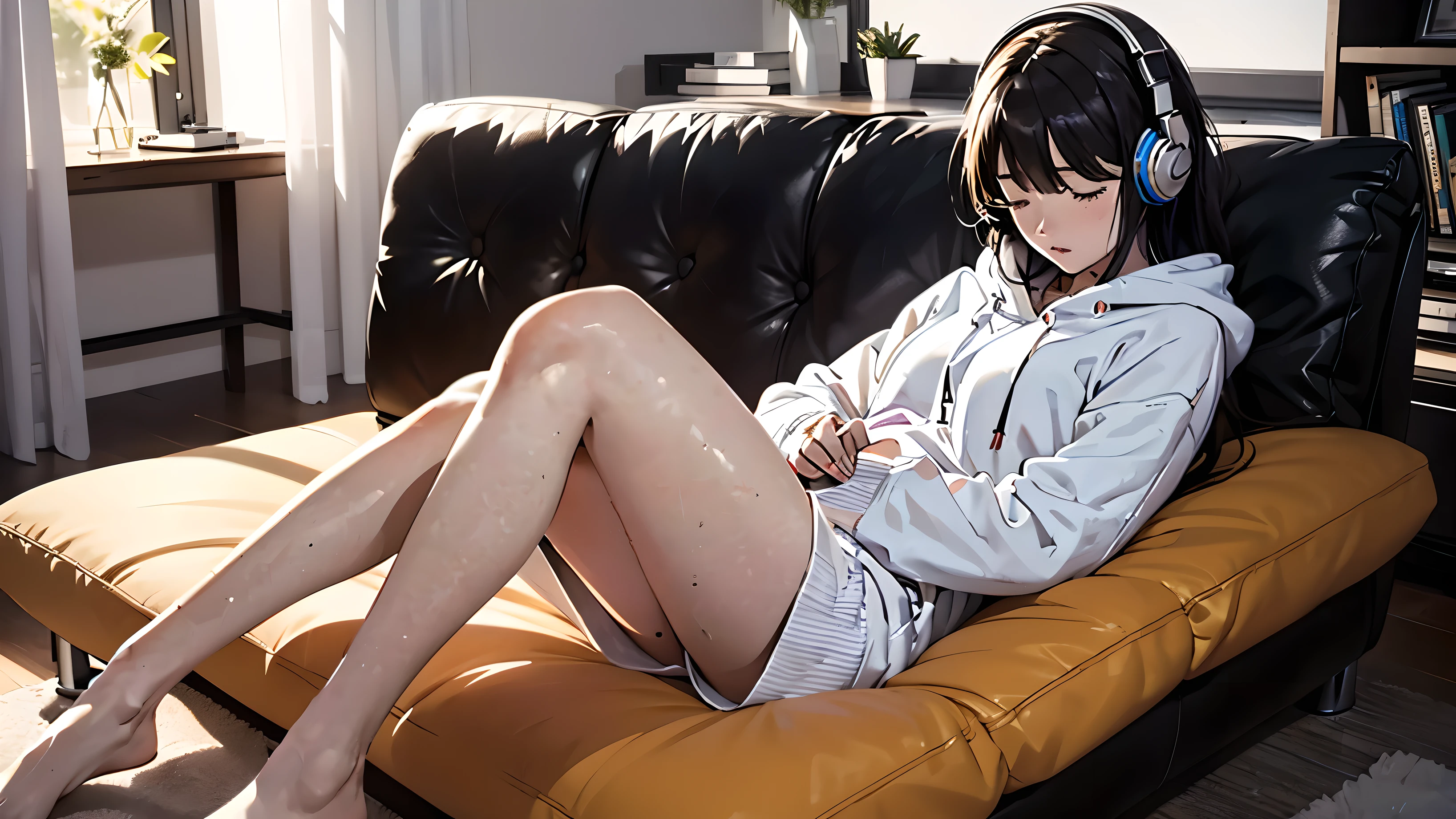 ((lone female)), late night, sleeping on couch, sleeping, ((alone)), long dark hair, cool woman, wearing white hoodie, night, stylish room, lying down, prone, pajamas, headphones off, legs stretched, relaxing, falling asleep,