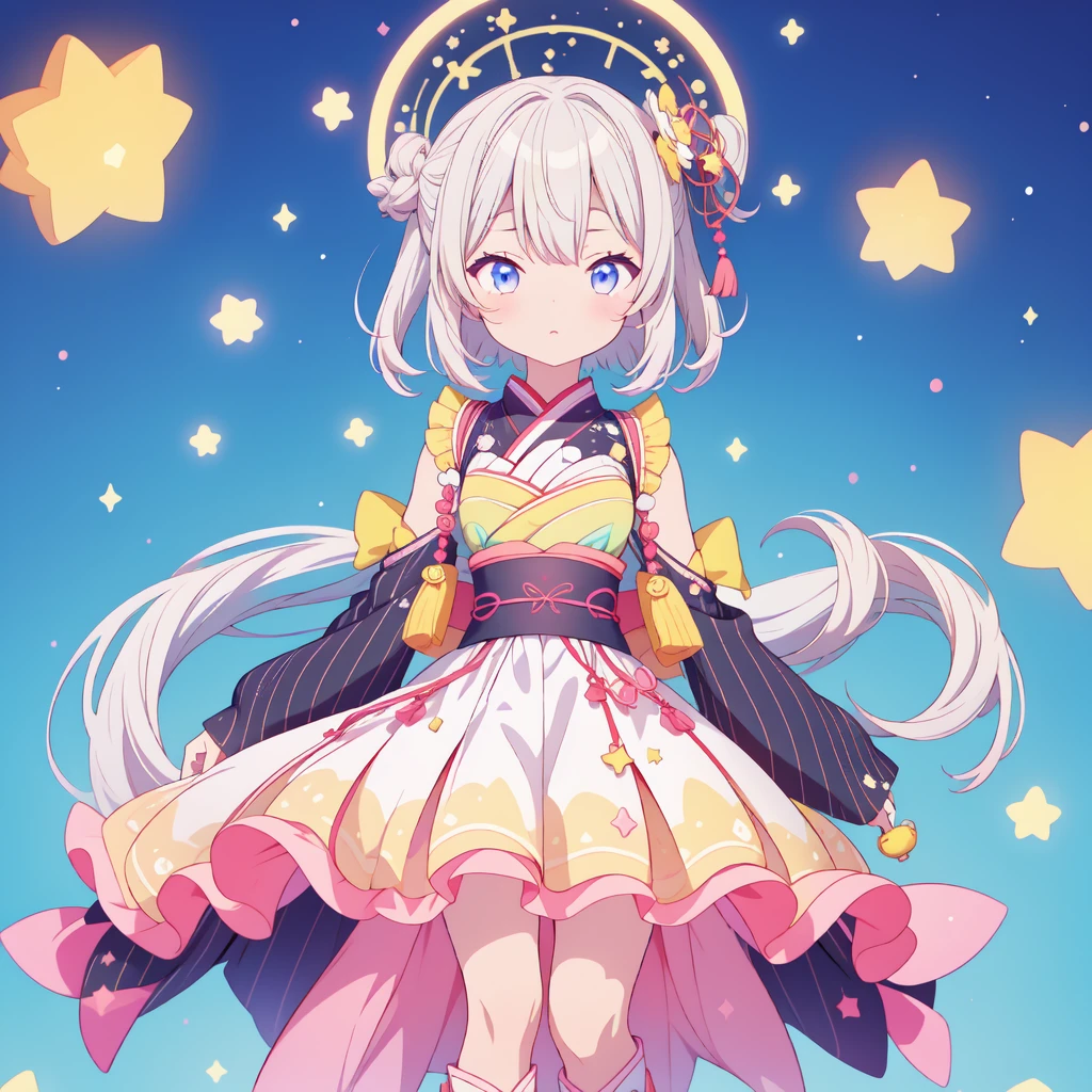 1girl、vtuber-fullbody、Star Fairy、masterpiece、official art、Super detailed、super beautiful、かわいいStar Fairy、white straight short hair、Milky Way、universe、star charm、star、baby face、Knee-high boots、Japanese pattern dress、A beautiful girl wearing black and white clothes that are a remake of a yukata.、universeを思わせるOiranフリルドレス、Oiran