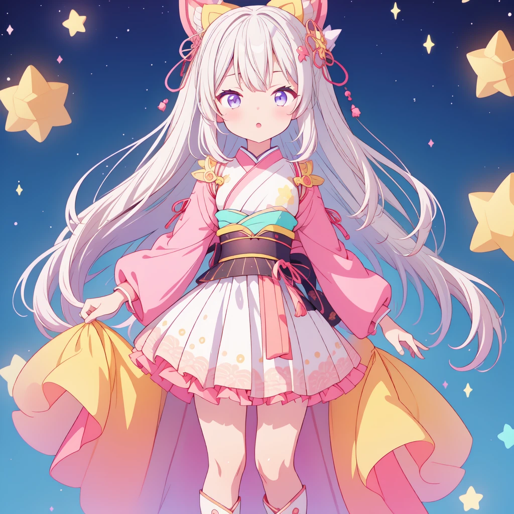 1girl、vtuber-fullbody、Star Fairy、masterpiece、official art、Super detailed、super beautiful、かわいいStar Fairy、white straight short hair、Milky Way、universe、star charm、star、、Knee-high boots、Japanese pattern dress、A beautiful girl wearing black and white clothes that are a remake of a yukata.、universeを思わせるOiranフリルドレス、Oiran