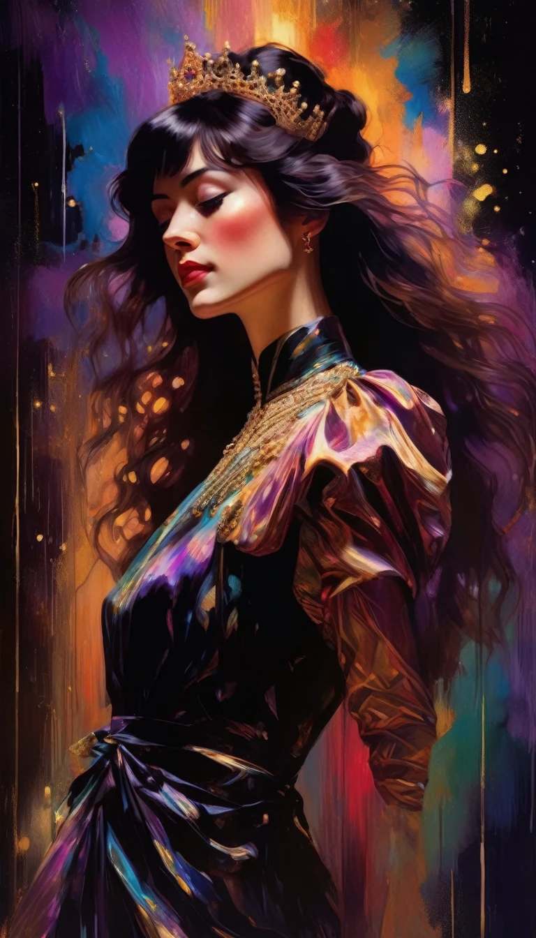 chiaroscuro technique on sensual illustration of an elegant queen (((long hair with bangs:1.4、Beautiful bangs) , vintage ,black silky dress, matte painting, by John Singer Sargent, by Harumi Hironaka, abstract background, (upper body:1.5), Rainbow rain background , highly detailed, digital artwork, high contrast, dramatic, refined, tonal, an intimate, seductive studio setting with a focus on sensuality and romance. Utilize soft, warm lighting that bathes the space in a gentle, inviting glow. Incorporate luxurious fabrics, plush furnishings, and a touch of decadence to evoke an opulent ambiance. The scene should exude an air of serenity and anticipation, inviting the viewer into a sensual and romantic space