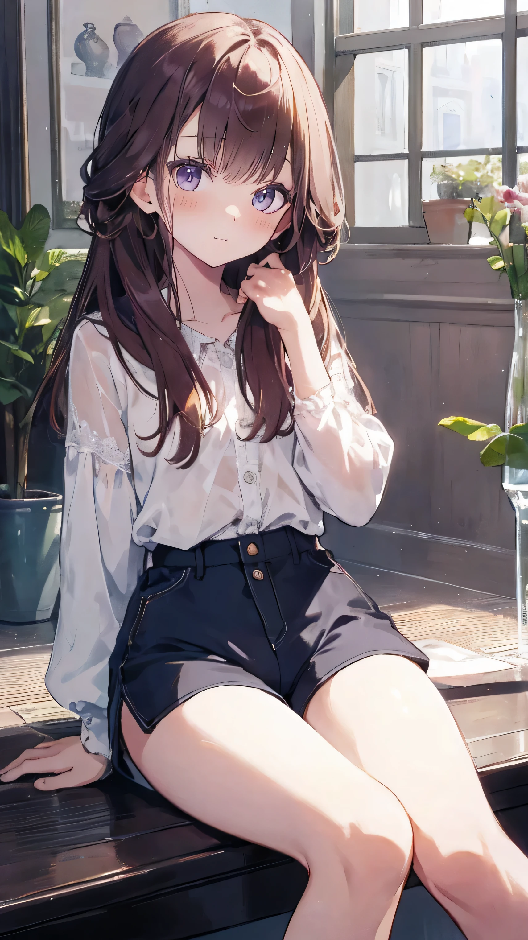 master piece、Highest image quality、highest quality、 ((panic))、glossy hair quality、small face、sitting、Super detailed and beautiful bright eyes、Super detailed clear and beautiful face、(cute illustration:1.2), High-resolution, ultra-detailed, best quality, embarrassed、(Gaps in shorts)、(cute underwear)