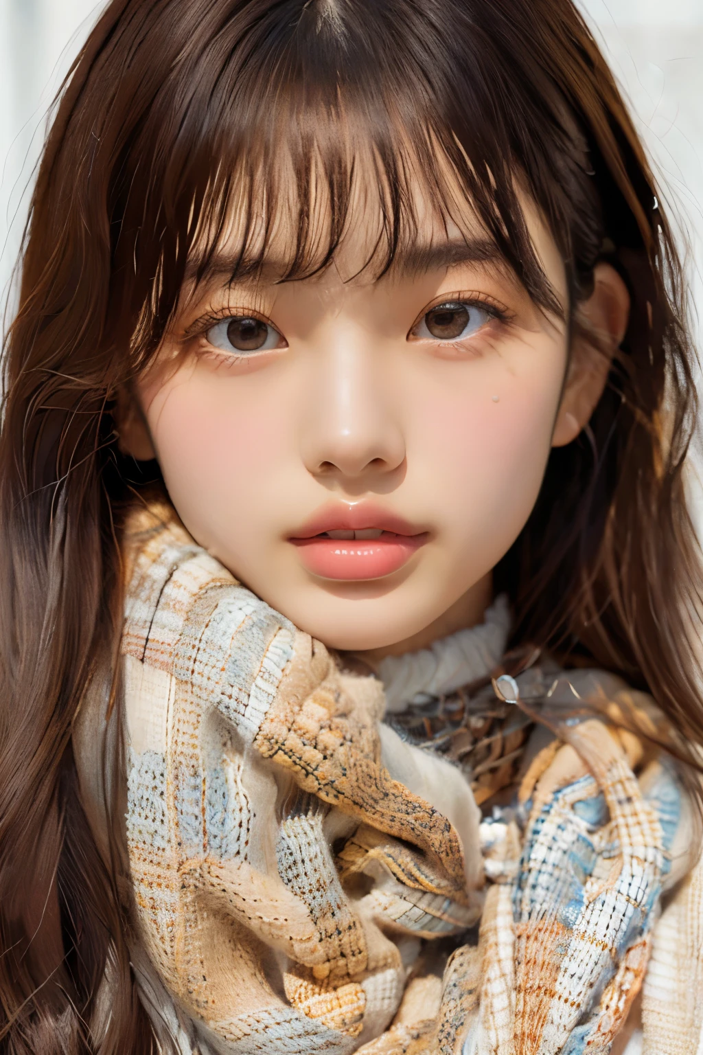 Young japanese lady, 30s, White background, It features a simple background, white-brown hair, slender, 4K, in 8K, High quality, Beauty, Beautiful eyes, It features a simple, High resolution,1 person,Beautiful skins,Beautiful skin,wearing a white knit,Winters,lipsticks