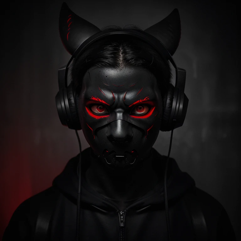 1guy, red eyes, demon looking, with mask, headphones on, dark themed, red eyes glowing, musical themed