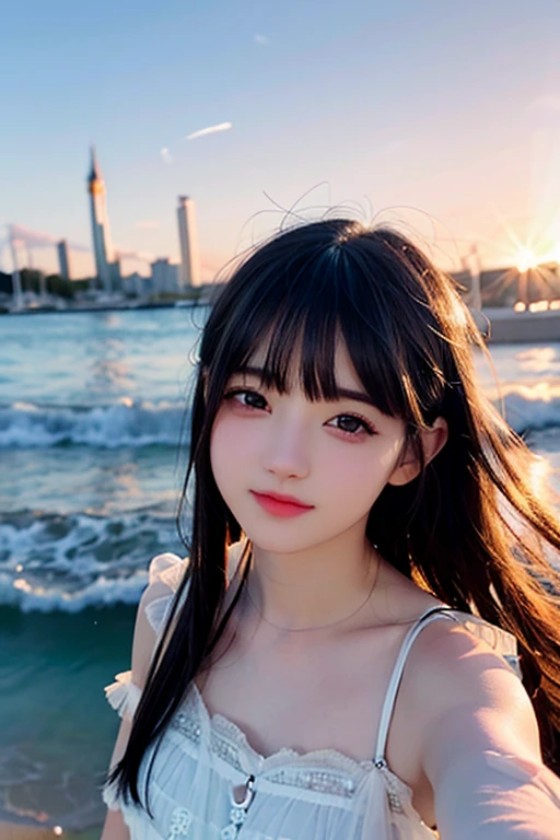 art by Cornflower, dreamy, (a girl who was  and had beautiful detailed eyes. The depth of field in the photo was perfect, and the lens flare added a nice touch. The finely detailed features of her face really stood out, and the score for this photo was definitely greater than 10. In the background, there was a beautiful ocean with crystal clear water and water droplets on the surface. It was a stunning photo that really captured the beauty of the girl and the water.)