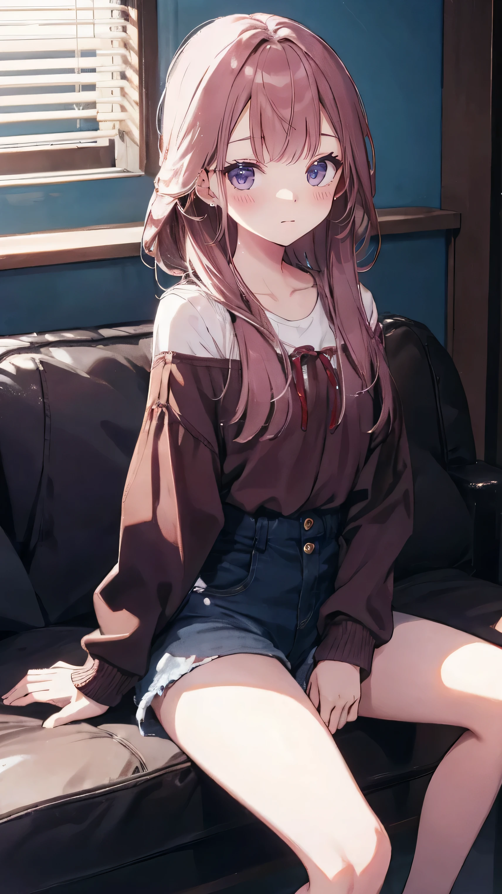 master piece、Highest image quality、highest quality、 ((panic))、glossy hair quality、small face、sitting、Super detailed and beautiful bright eyes、Super detailed clear and beautiful face、(cute illustration:1.2), High-resolution, ultra-detailed, best quality, embarrassed、(Gaps in shorts)、(cute underwear)