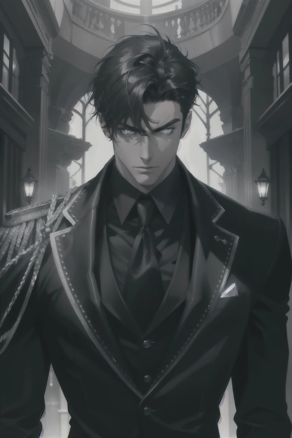 (absurdres, highres, ultra detailed), 1 male, adult, handsome, tall muscular guy, broad shoulders, finely detailed eyes and detailed face, fantasy, night, dark theme, cinematic lighting, portrait, light, facing front, staring at something, silver eyes, black shaggy hair, black suit and black gloves, serious face