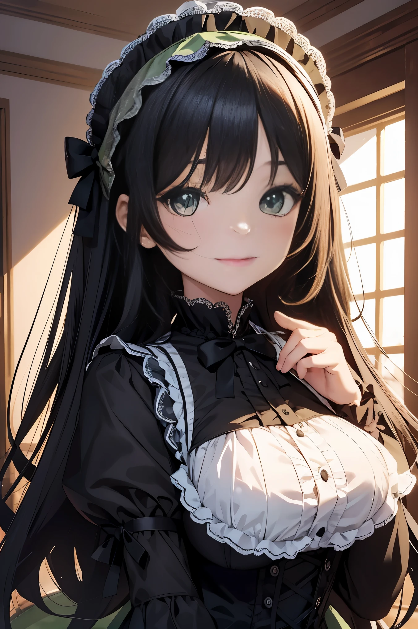 top-quality、8K Masterpiece、Draw the face in detail、1 childish girl、Gothic Lolita costume、kawaii pose、professional lighting、Happy expression、Shiny black hair、perfect anatomy、In a green meadow