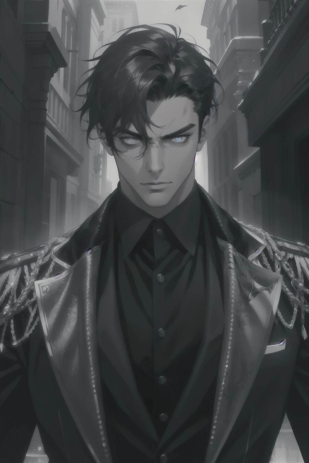(absurdres, highres, ultra detailed), 1 male, adult, handsome, tall muscular guy, broad shoulders, finely detailed eyes and detailed face, fantasy, night, dark theme, cinematic lighting, portrait, light, facing front, staring at something, silver eyes, black shaggy hair, black suit and black gloves, serious face