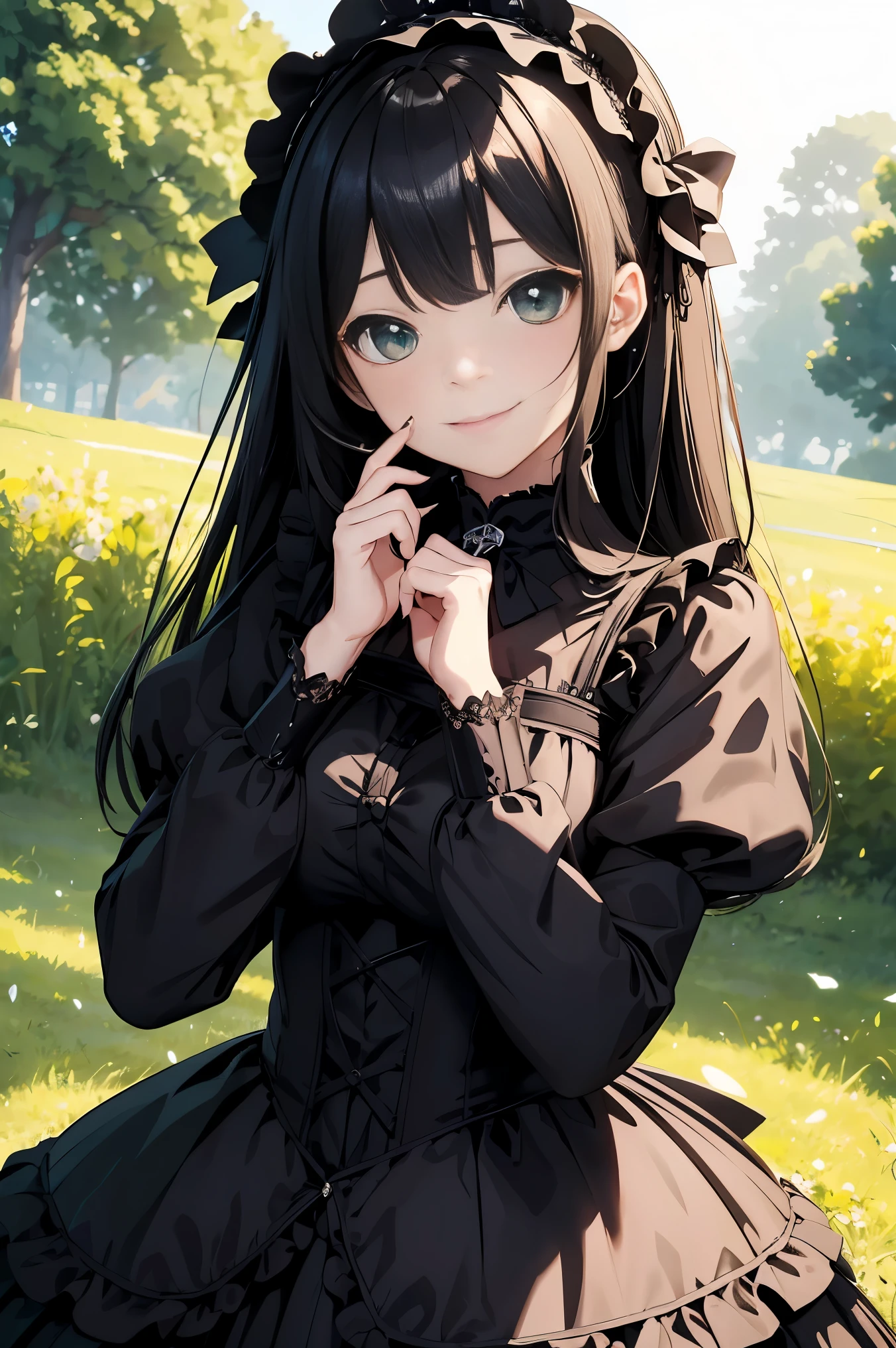 top-quality、8K Masterpiece、Draw the face in detail、1 childish girl、Gothic Lolita costume、kawaii pose、professional lighting、Happy expression、Shiny black hair、perfect anatomy、In a green meadow
