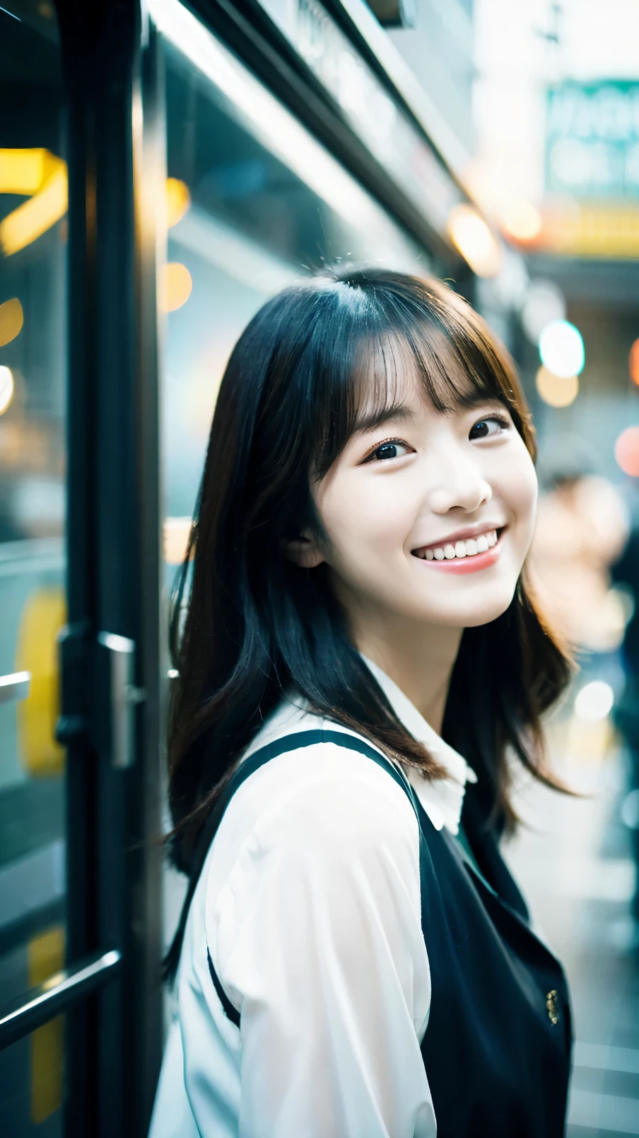 Cinematic Photo of a beautiful Korean fashion model bokeh train smiling at viewer