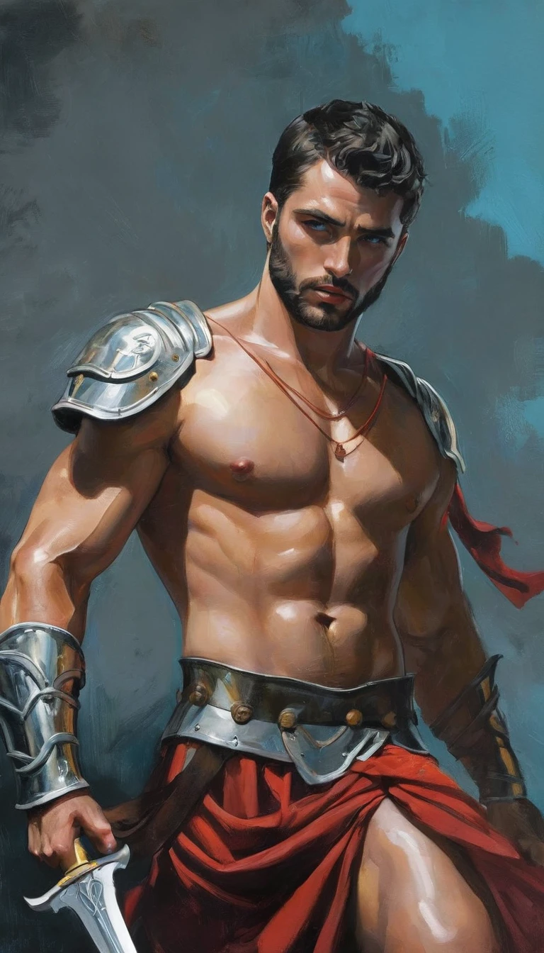 chiaroscuro technique on sensual illustration of an masculine, 26-year-old Italian male model, handsome Roman, he is the god of war, he is Ares, Mars, evil-looking, strong look, light blue eyes, strong jawline, dressed as a gladiator, ancient gladiator, male gladiator skirt, matte painting, by Harumi Hironaka, extremely soft colors, vibrant, pastel, highly detailed, digital artwork, high contrast, golden dramatic, refined, tonal, an intimate, seductive studio setting with a focus on sensuality and romance. Utilize soft, warm lighting that bathes the space in a gentle, inviting glow. Incorporate luxurious fabrics, plush furnishings, and a touch of decadence to evoke an opulent ambiance. The scene should exude an air of serenity and anticipation, inviting the viewer into a sensual and romantic space